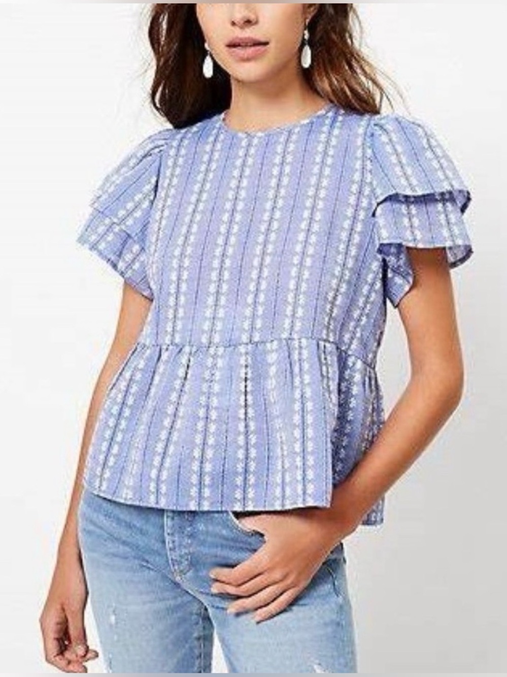 Loft Embroidered Flutter Sleeve Peplum Top